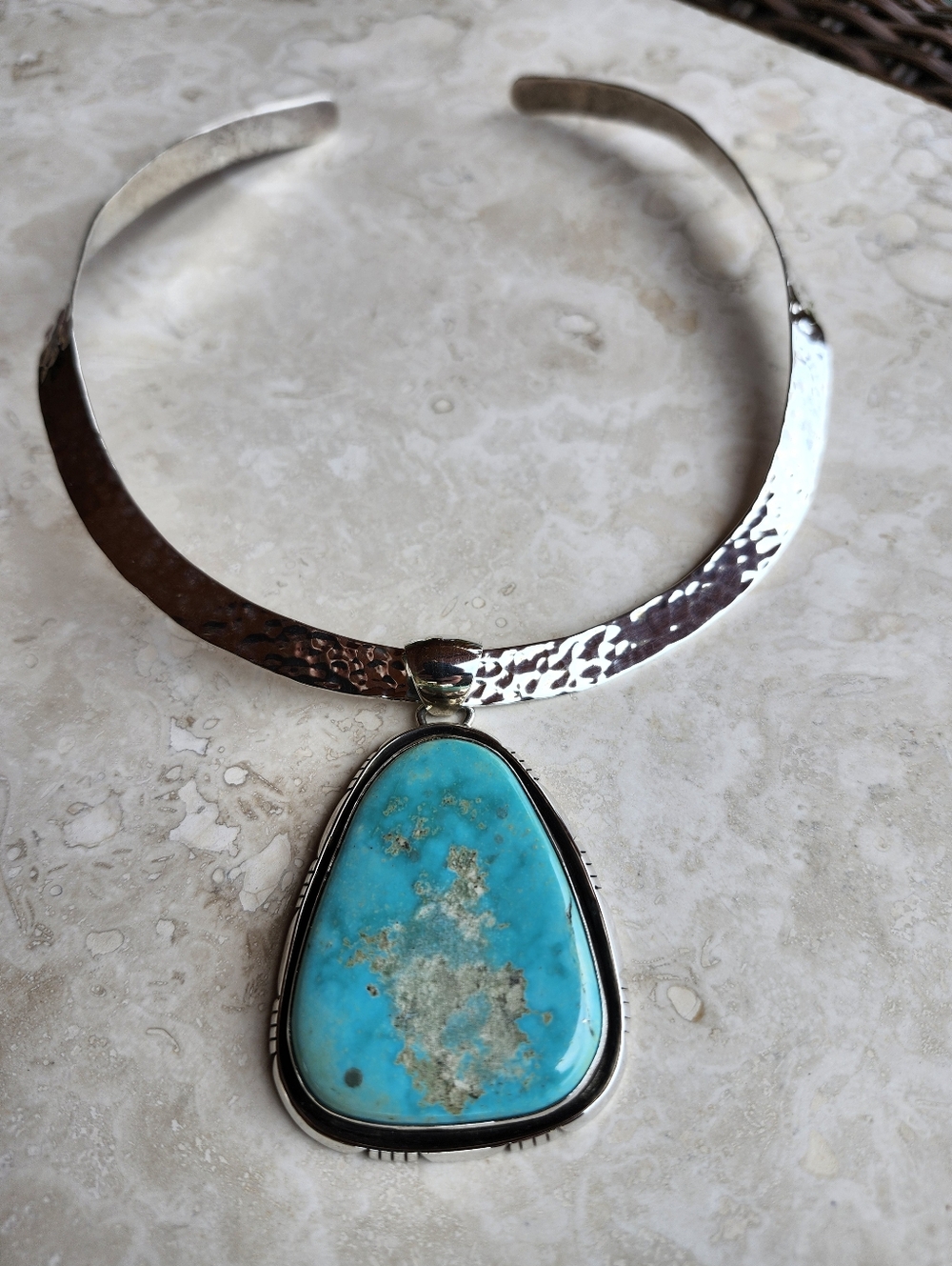 Sterling Silver Navajo SIGNED Huge Turquoise Necklace - Picture 10 of 17
